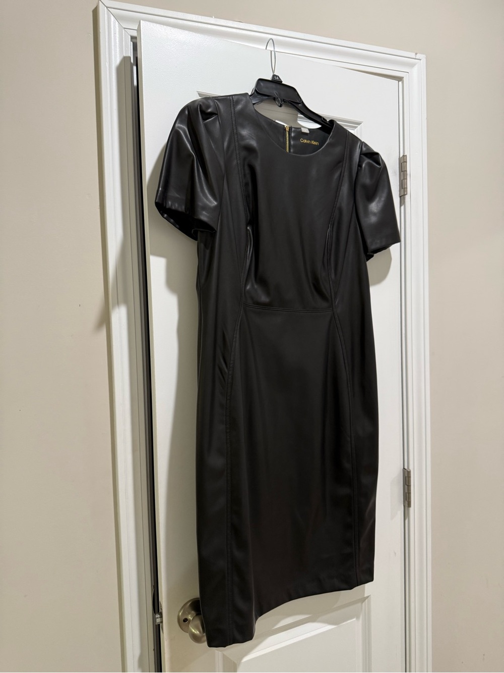Calvin Klein Black Faux-Leather Midi Dress with Puff Sleeves